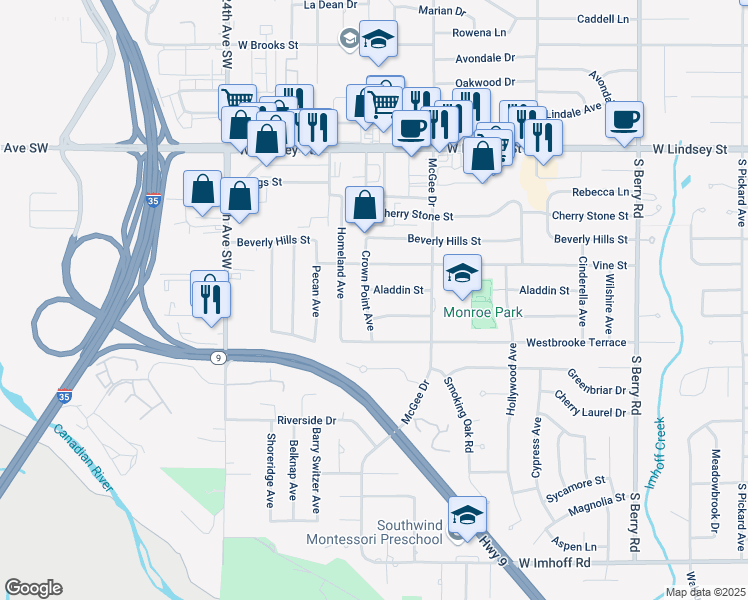 map of restaurants, bars, coffee shops, grocery stores, and more near 1915 Aladdin Street in Norman