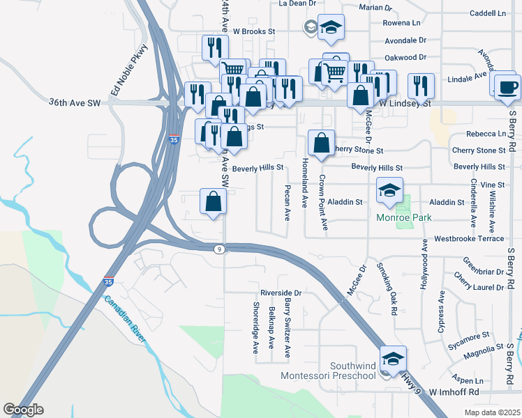 map of restaurants, bars, coffee shops, grocery stores, and more near 1515 Farmington Avenue in Norman