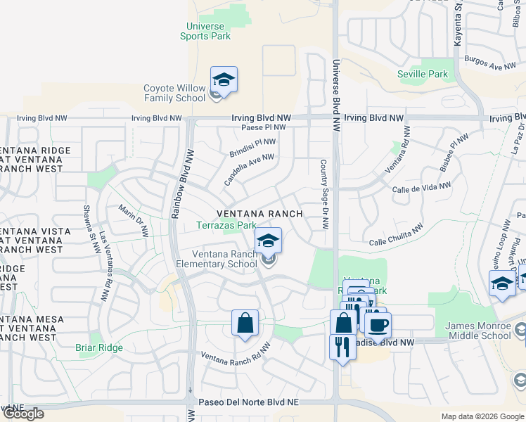 map of restaurants, bars, coffee shops, grocery stores, and more near 6823 Deerbourne Road in Albuquerque