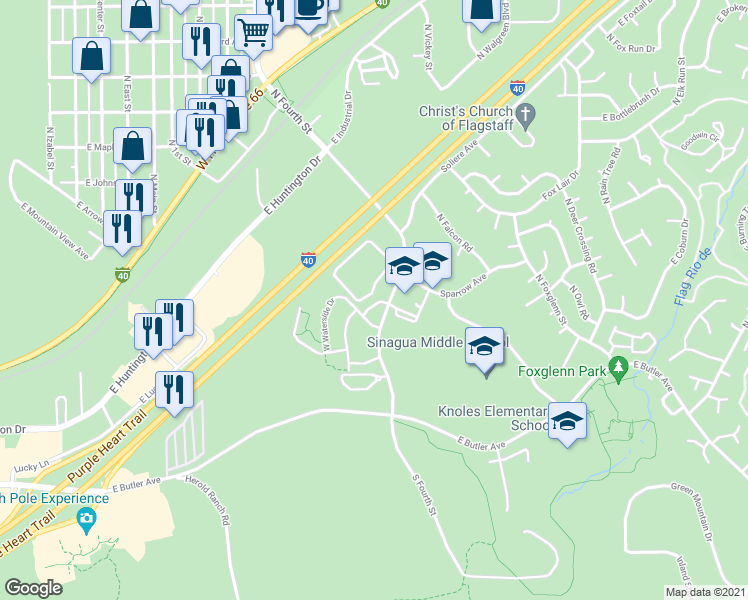 map of restaurants, bars, coffee shops, grocery stores, and more near 1401 Fourth Street in Flagstaff
