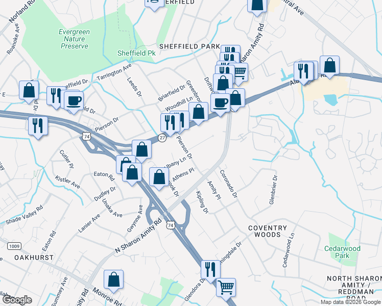 map of restaurants, bars, coffee shops, grocery stores, and more near 1535 Pierson Drive in Charlotte