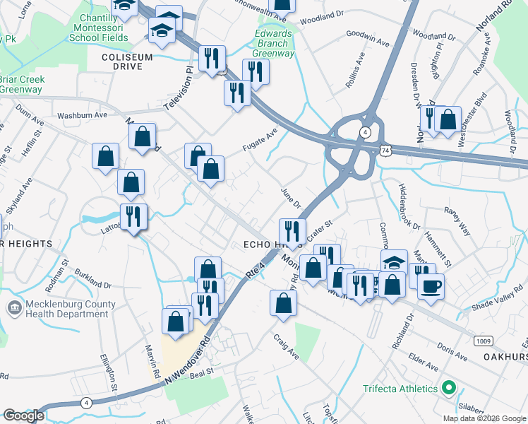 map of restaurants, bars, coffee shops, grocery stores, and more near 651 Mayview Drive in Charlotte