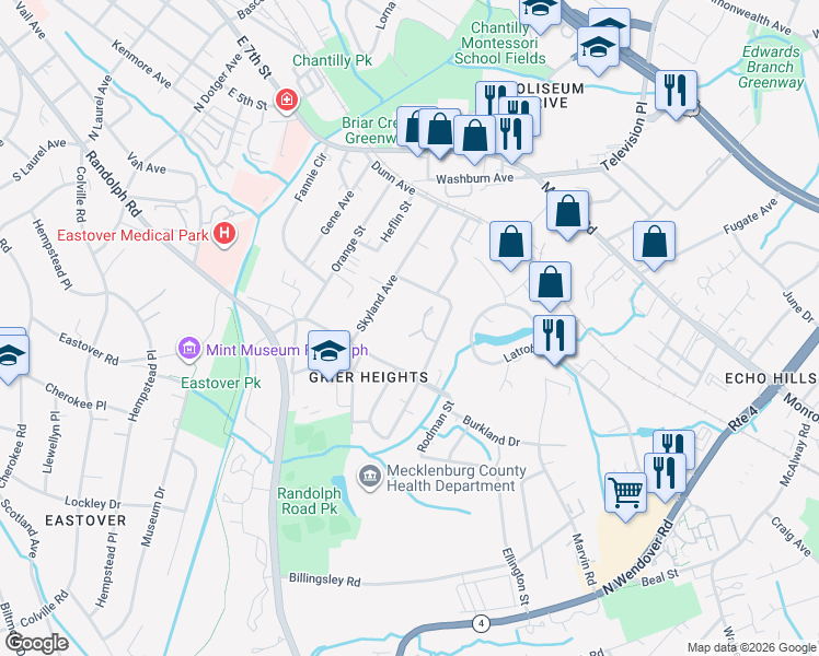map of restaurants, bars, coffee shops, grocery stores, and more near in Charlotte