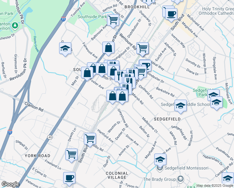 map of restaurants, bars, coffee shops, grocery stores, and more near 324 New Bern Station Court in Charlotte