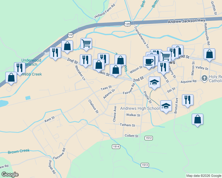 map of restaurants, bars, coffee shops, grocery stores, and more near 175 Teas Street in Andrews