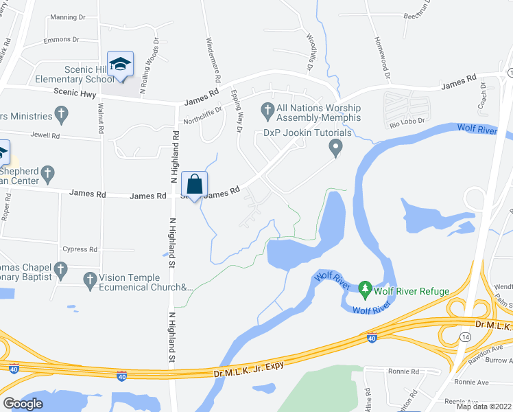 map of restaurants, bars, coffee shops, grocery stores, and more near 2691 Drury Way Lane in Memphis