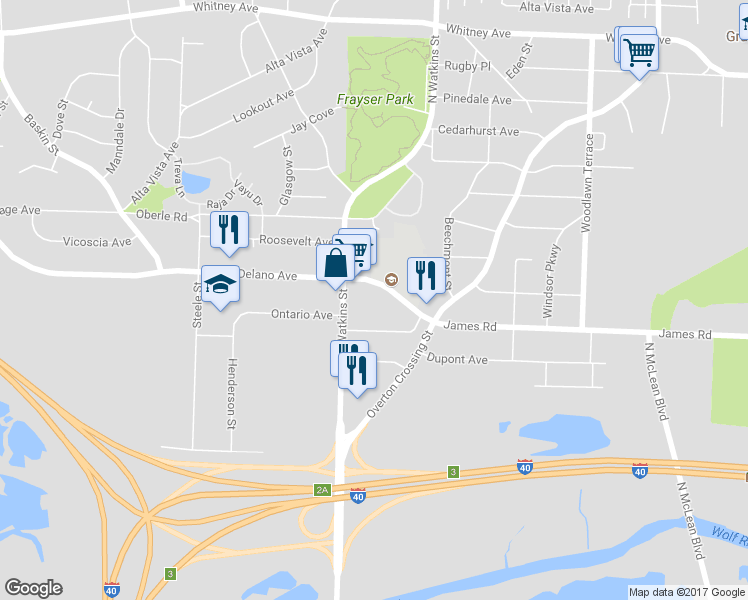 map of restaurants, bars, coffee shops, grocery stores, and more near 1735 Delano Avenue in Memphis