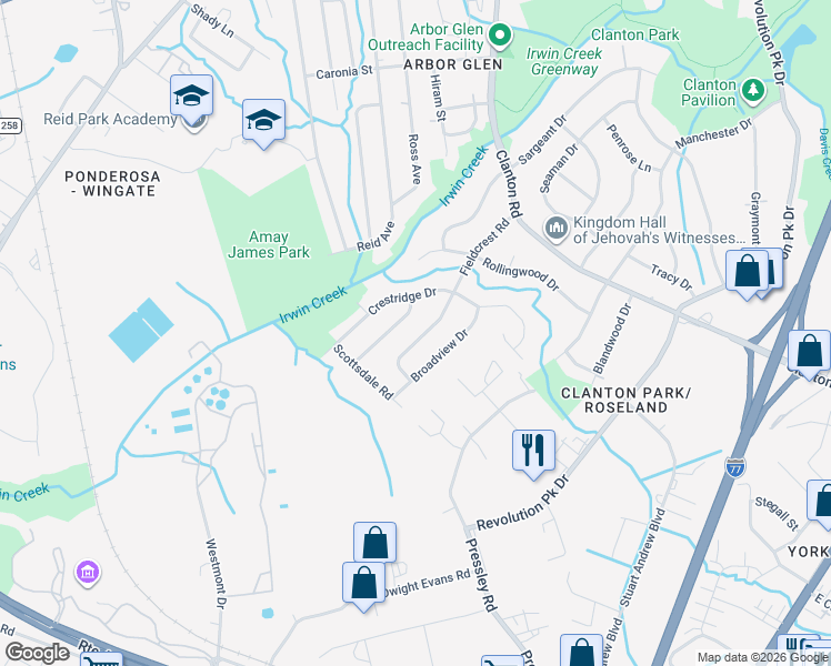 map of restaurants, bars, coffee shops, grocery stores, and more near 3911 Sunnycrest Lane in Charlotte