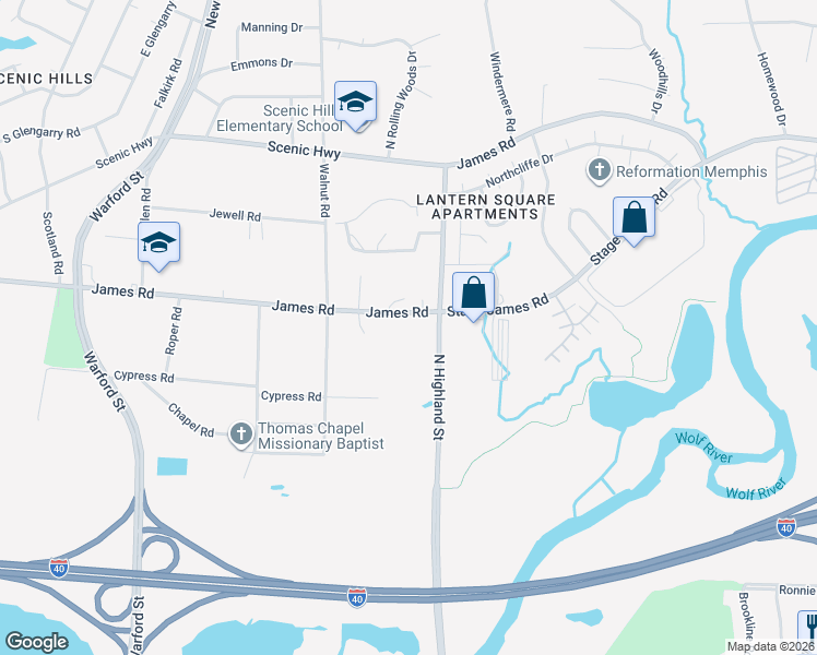 map of restaurants, bars, coffee shops, grocery stores, and more near 3529 James Road in Memphis