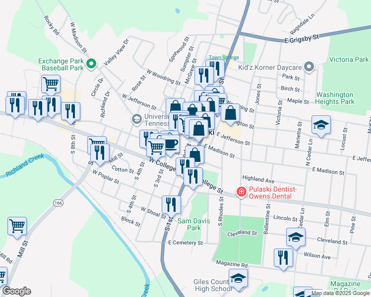 map of restaurants, bars, coffee shops, grocery stores, and more near 122 South 2nd Street in Pulaski