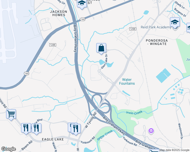 map of restaurants, bars, coffee shops, grocery stores, and more near 2415 Cascade Pointe Boulevard in Charlotte