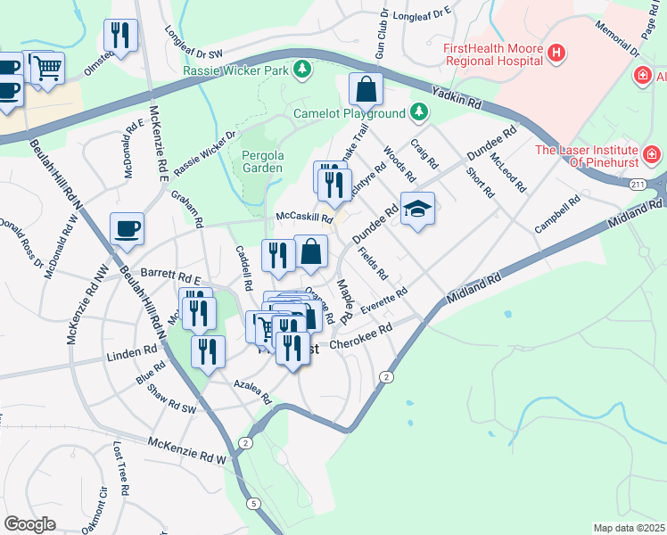 map of restaurants, bars, coffee shops, grocery stores, and more near 95 Community Road in Pinehurst