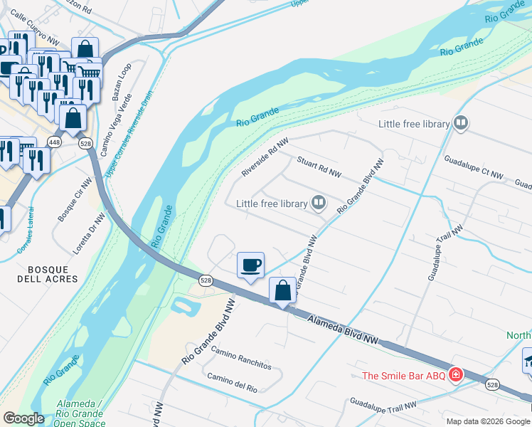 map of restaurants, bars, coffee shops, grocery stores, and more near 1200 Alameda Road Northwest in Albuquerque