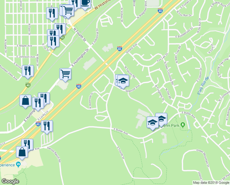 map of restaurants, bars, coffee shops, grocery stores, and more near 3285 Sparrow Avenue in Flagstaff