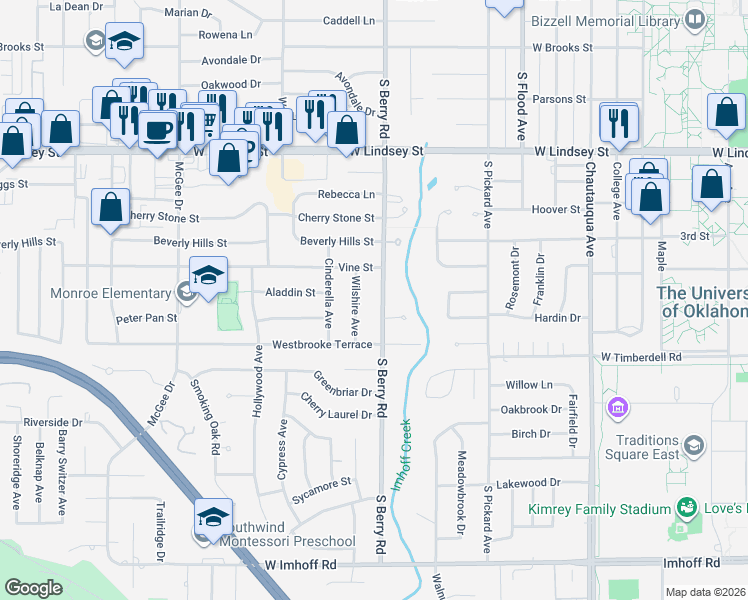 map of restaurants, bars, coffee shops, grocery stores, and more near 1614 South Berry Road in Norman
