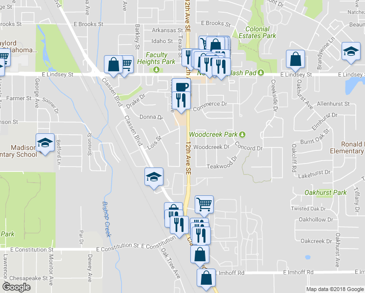 map of restaurants, bars, coffee shops, grocery stores, and more near 2325 Houston Avenue in Norman