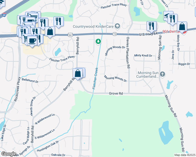 map of restaurants, bars, coffee shops, grocery stores, and more near 9345 Cedar Brook Cove in Memphis