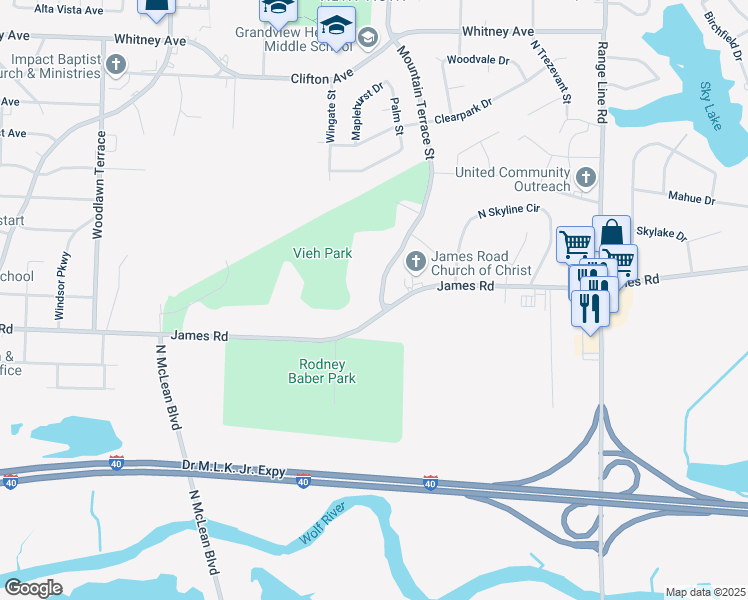 map of restaurants, bars, coffee shops, grocery stores, and more near 2380 James Road in Memphis
