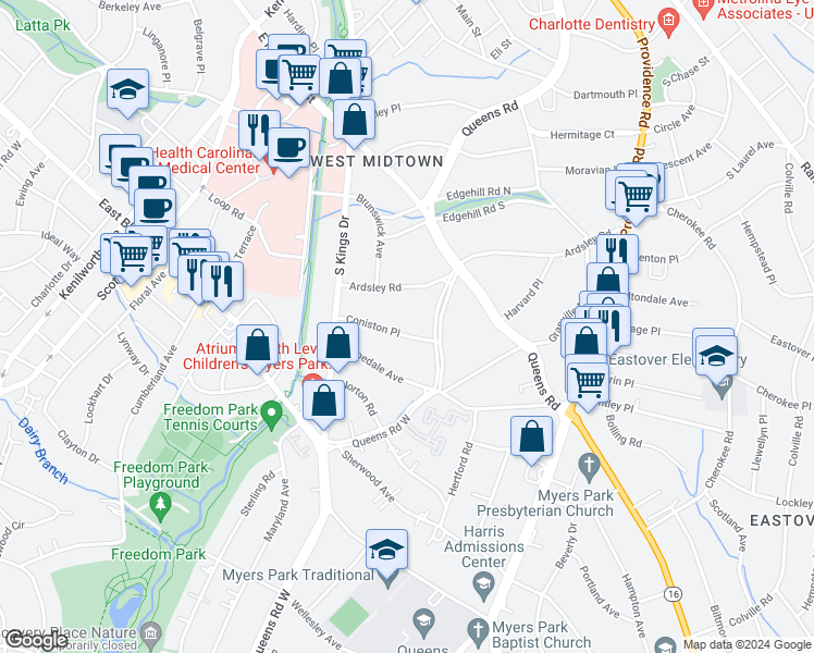 map of restaurants, bars, coffee shops, grocery stores, and more near 2119 Coniston Place in Charlotte