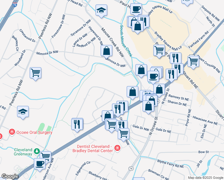 map of restaurants, bars, coffee shops, grocery stores, and more near 3807 Woodcrest Circle Northwest in Cleveland