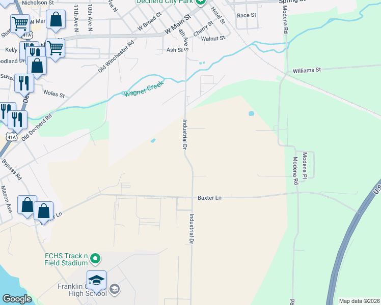 map of restaurants, bars, coffee shops, grocery stores, and more near 940 Industrial Dr in Decherd
