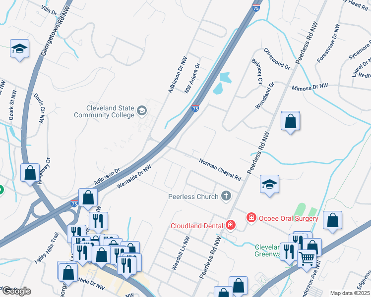 map of restaurants, bars, coffee shops, grocery stores, and more near 1270 Norman Chapel Road Northwest in Cleveland