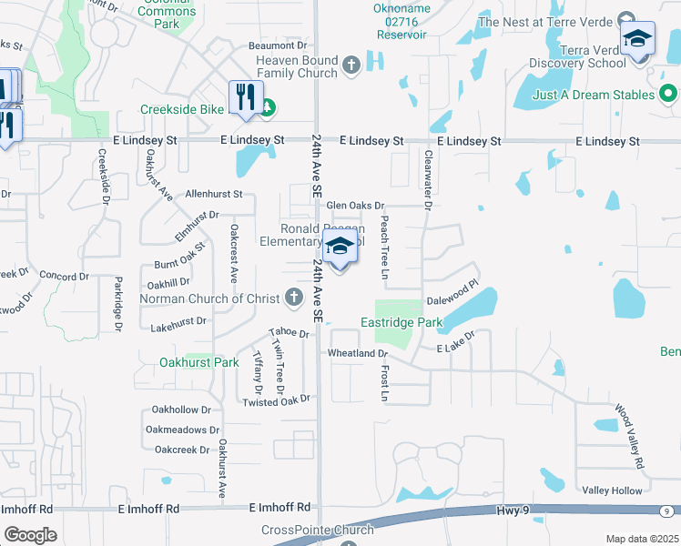 map of restaurants, bars, coffee shops, grocery stores, and more near 1601 24th Avenue Southeast in Norman