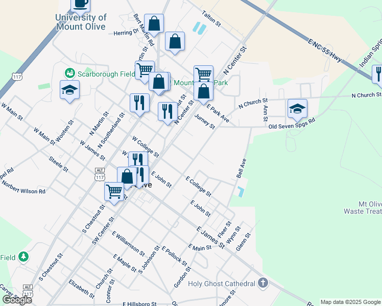 map of restaurants, bars, coffee shops, grocery stores, and more near 627 N Church St in Mt Olive