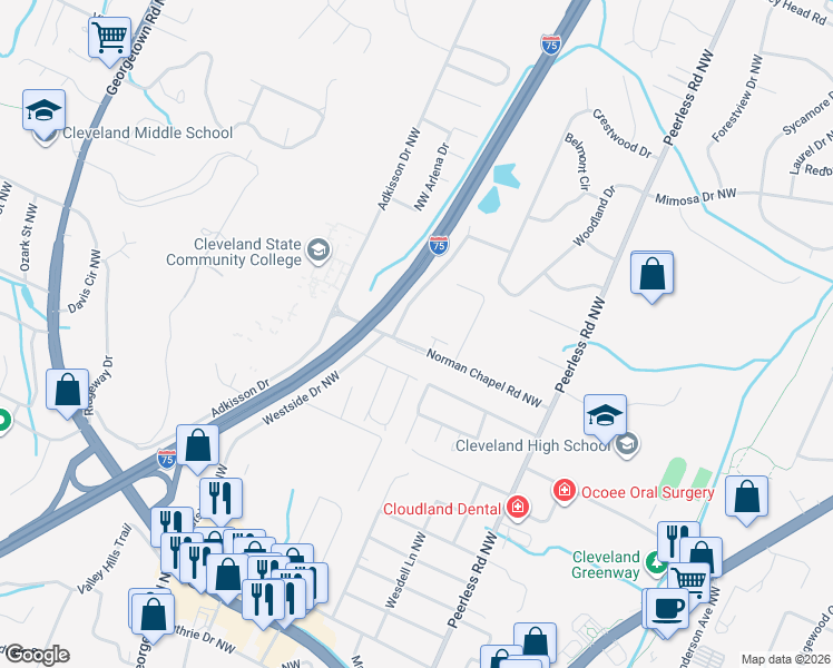 map of restaurants, bars, coffee shops, grocery stores, and more near 1270 Norman Chapel Road Northwest in Cleveland