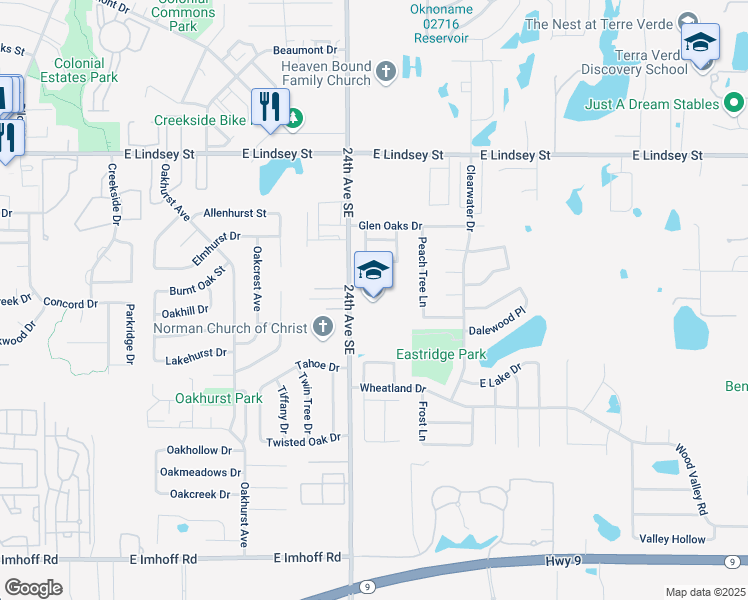 map of restaurants, bars, coffee shops, grocery stores, and more near 1601 24th Avenue Southeast in Norman