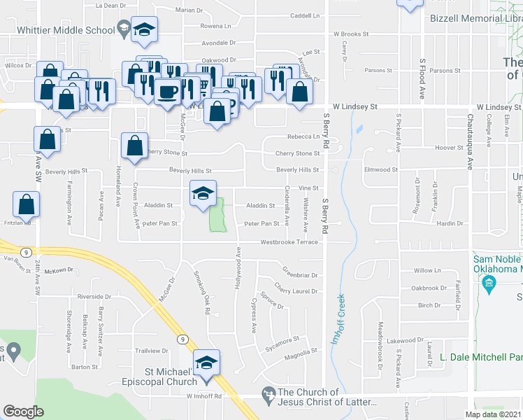 map of restaurants, bars, coffee shops, grocery stores, and more near 1428 Aladdin Street in Norman