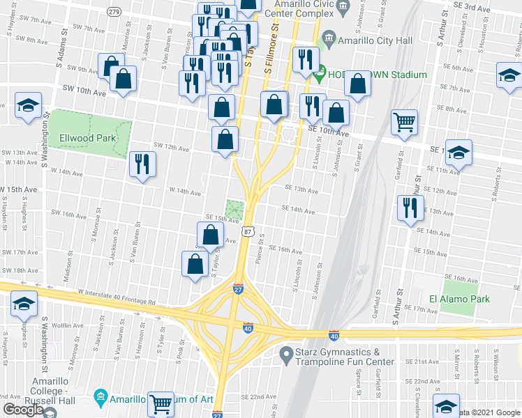 map of restaurants, bars, coffee shops, grocery stores, and more near 1322 South Pierce Street in Amarillo