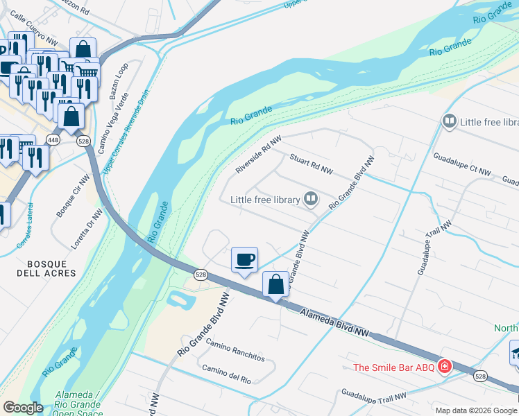 map of restaurants, bars, coffee shops, grocery stores, and more near 1200 Alameda Road Northwest in Albuquerque