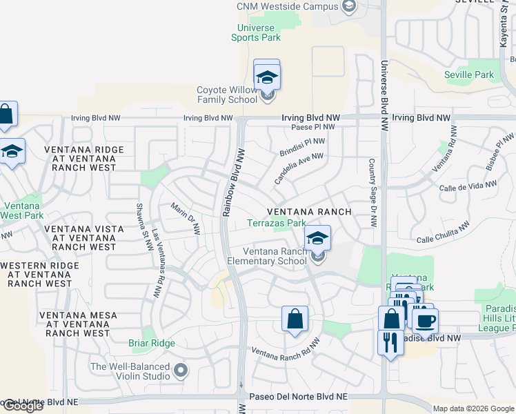 map of restaurants, bars, coffee shops, grocery stores, and more near 10319 Pintura Place Northwest in Albuquerque