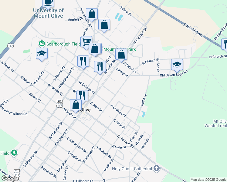 map of restaurants, bars, coffee shops, grocery stores, and more near 627 N Church St in Mt Olive