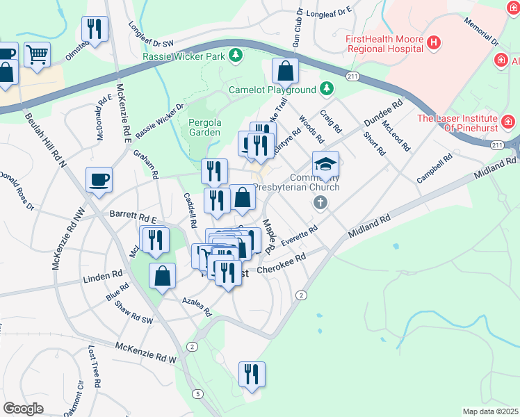 map of restaurants, bars, coffee shops, grocery stores, and more near 95 Community Road in Pinehurst