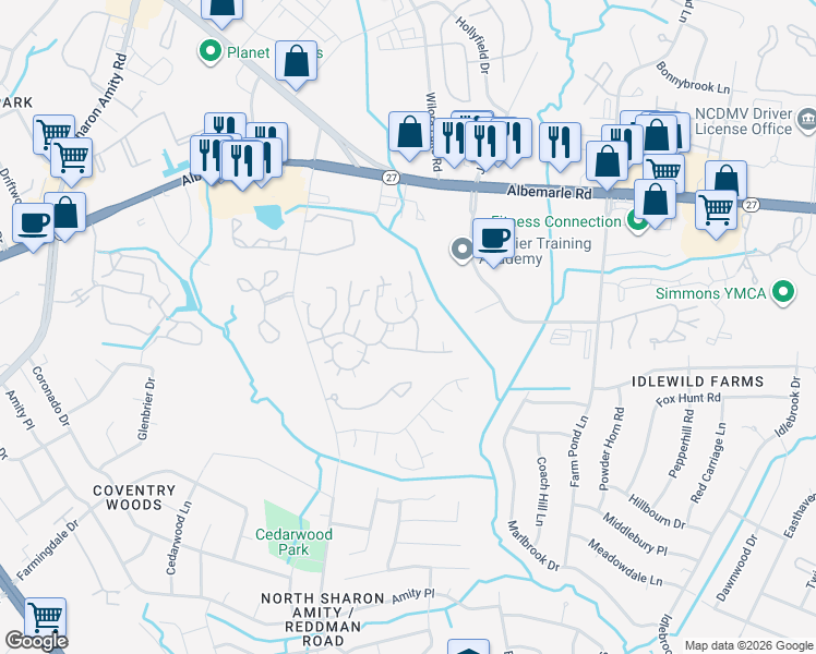 map of restaurants, bars, coffee shops, grocery stores, and more near 6000-6098 Villages at Forest R Dr in Charlotte