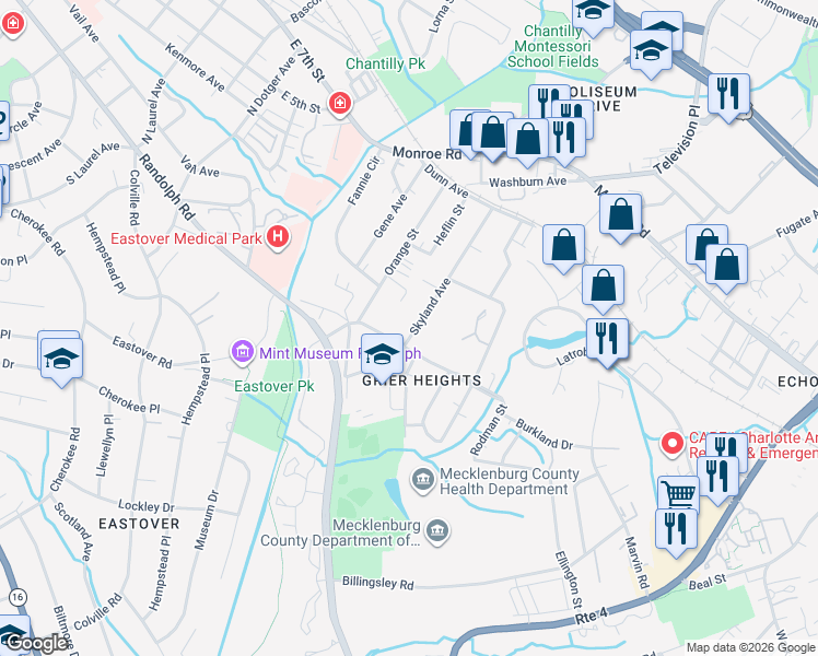 map of restaurants, bars, coffee shops, grocery stores, and more near in Charlotte