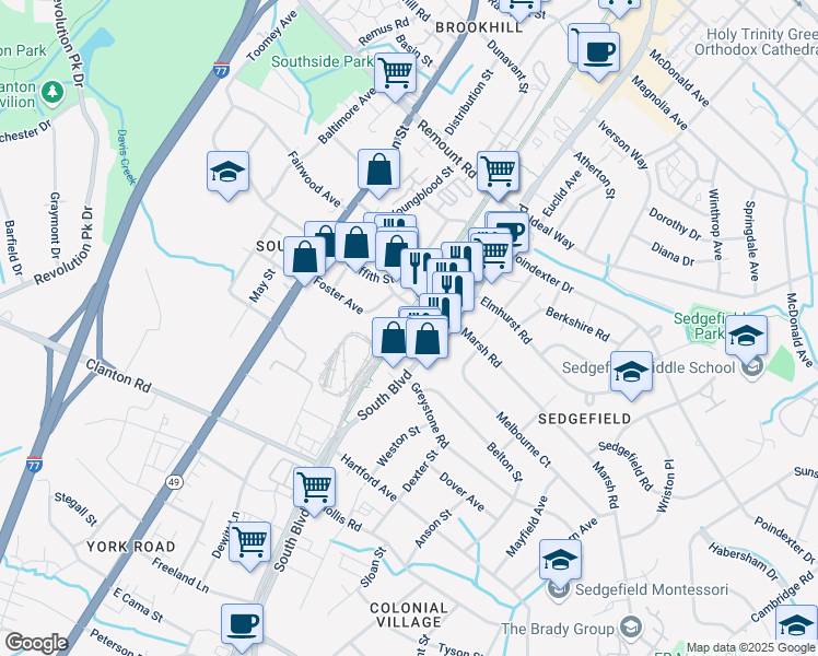 map of restaurants, bars, coffee shops, grocery stores, and more near 324 New Bern Station Court in Charlotte