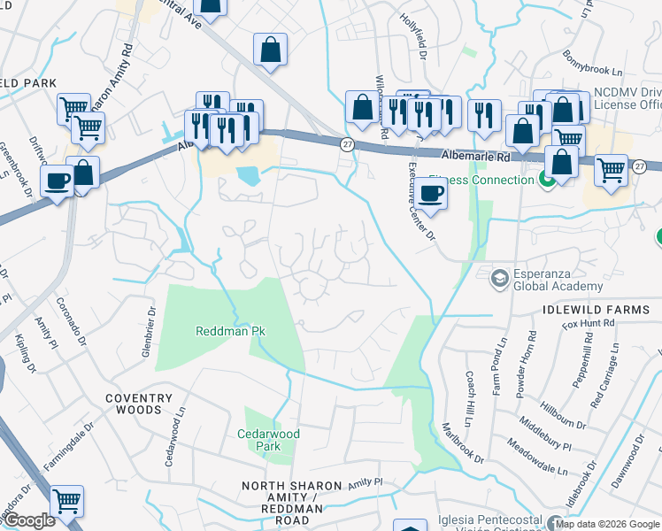map of restaurants, bars, coffee shops, grocery stores, and more near 6067 Pinebark Court in Charlotte