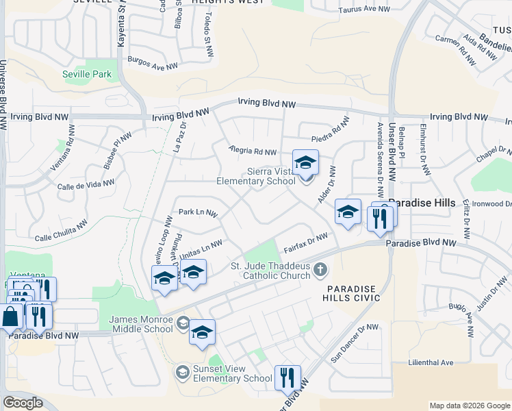 map of restaurants, bars, coffee shops, grocery stores, and more near 5818 Delbert Avenue Northwest in Albuquerque