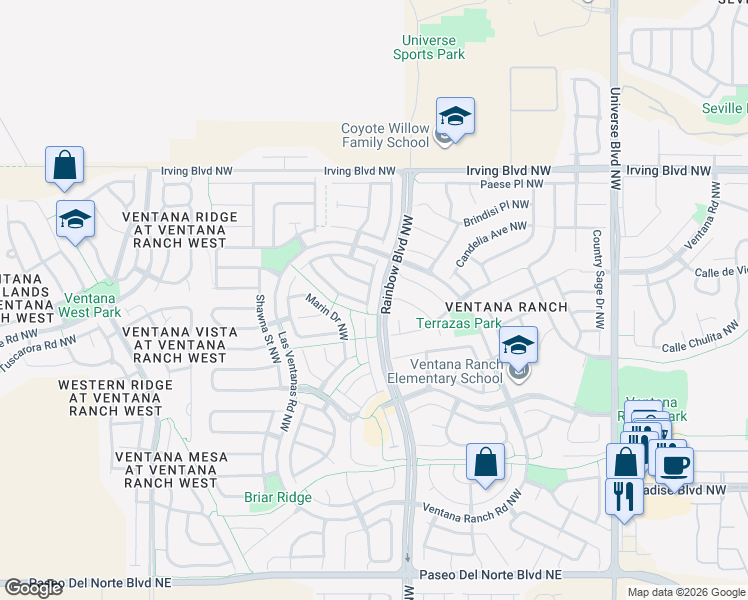 map of restaurants, bars, coffee shops, grocery stores, and more near 7305 Tolleson Avenue Northwest in Albuquerque