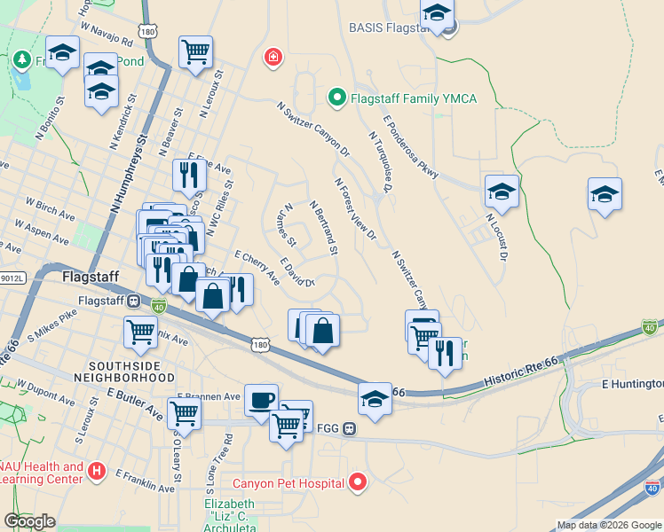 map of restaurants, bars, coffee shops, grocery stores, and more near 400 North Bertrand Street in Flagstaff