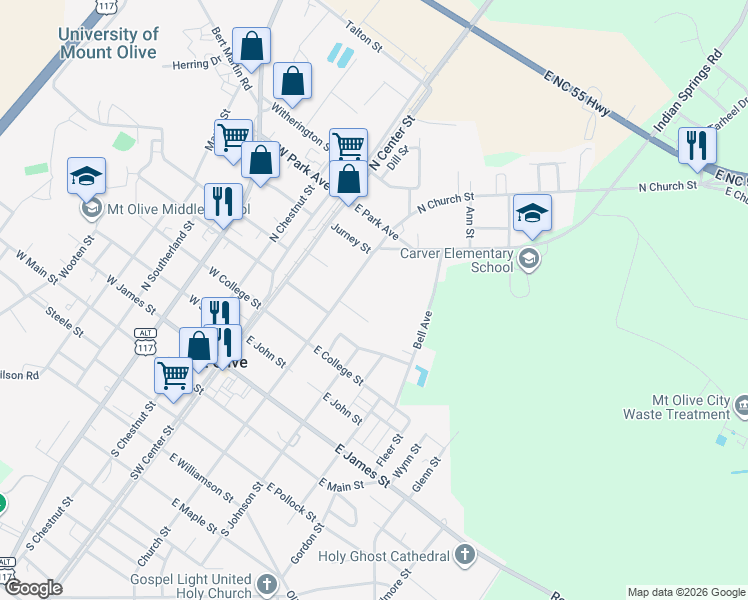 map of restaurants, bars, coffee shops, grocery stores, and more near 610 North Church Street in Mount Olive