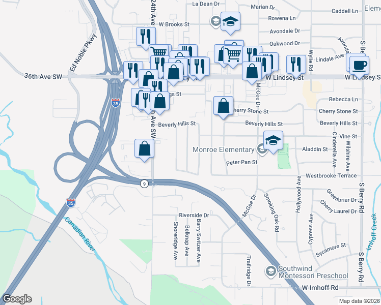 map of restaurants, bars, coffee shops, grocery stores, and more near 1526 Pecan Avenue in Norman