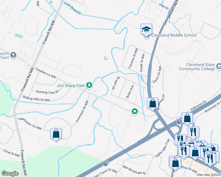 map of restaurants, bars, coffee shops, grocery stores, and more near 2925 West Lake Drive in Cleveland
