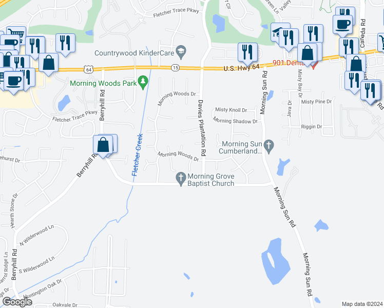 map of restaurants, bars, coffee shops, grocery stores, and more near 2672 Morning Woods Drive in Memphis