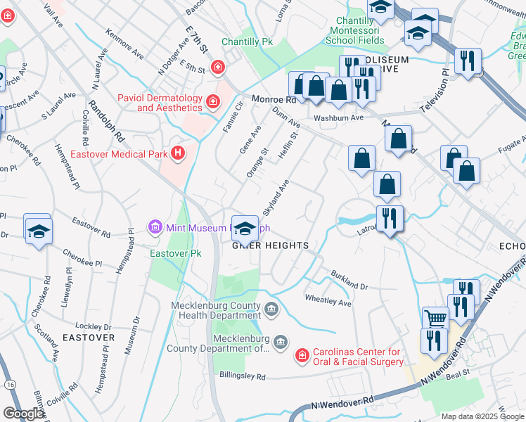 map of restaurants, bars, coffee shops, grocery stores, and more near 217 Skyland Avenue in Charlotte