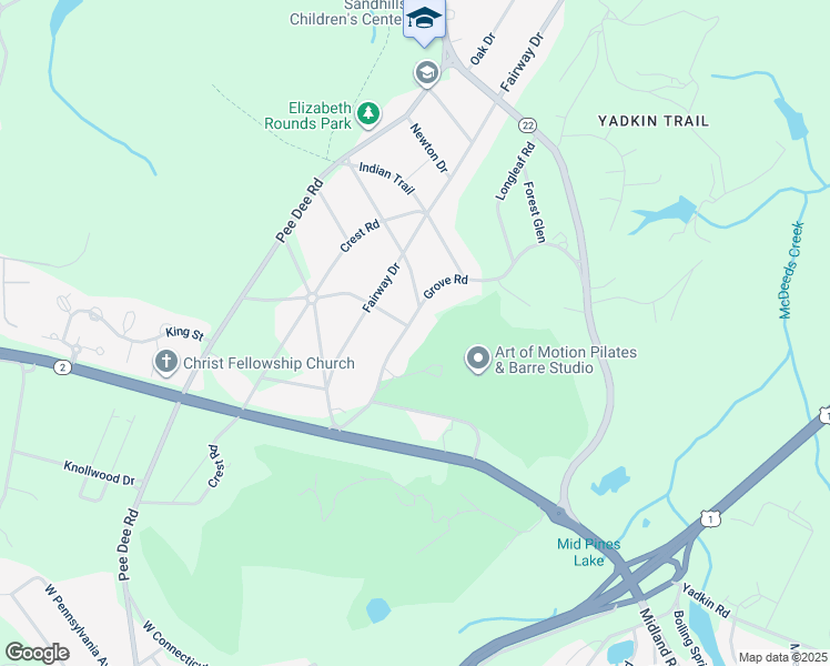 map of restaurants, bars, coffee shops, grocery stores, and more near 301 Grove Road in Southern Pines