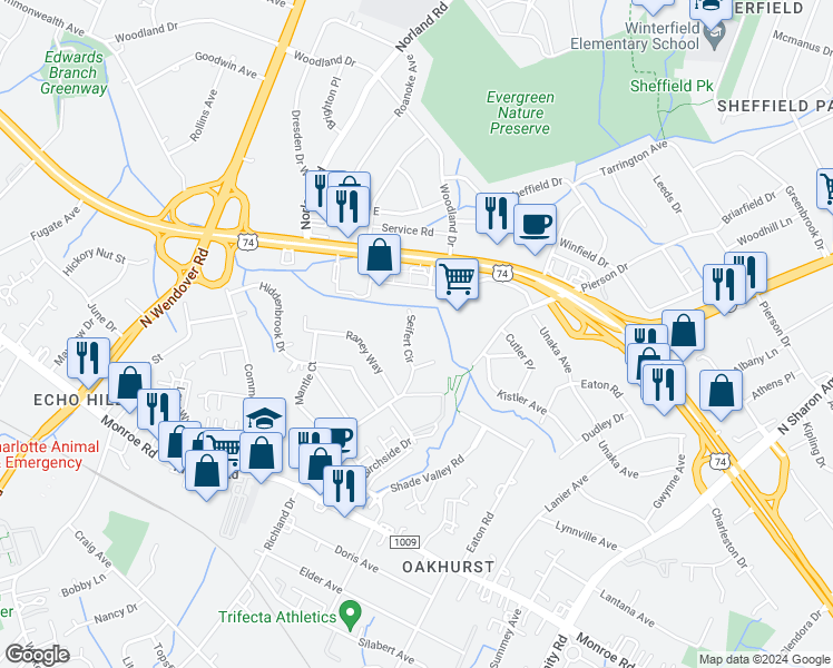 map of restaurants, bars, coffee shops, grocery stores, and more near 1732 Seifert Circle in Charlotte